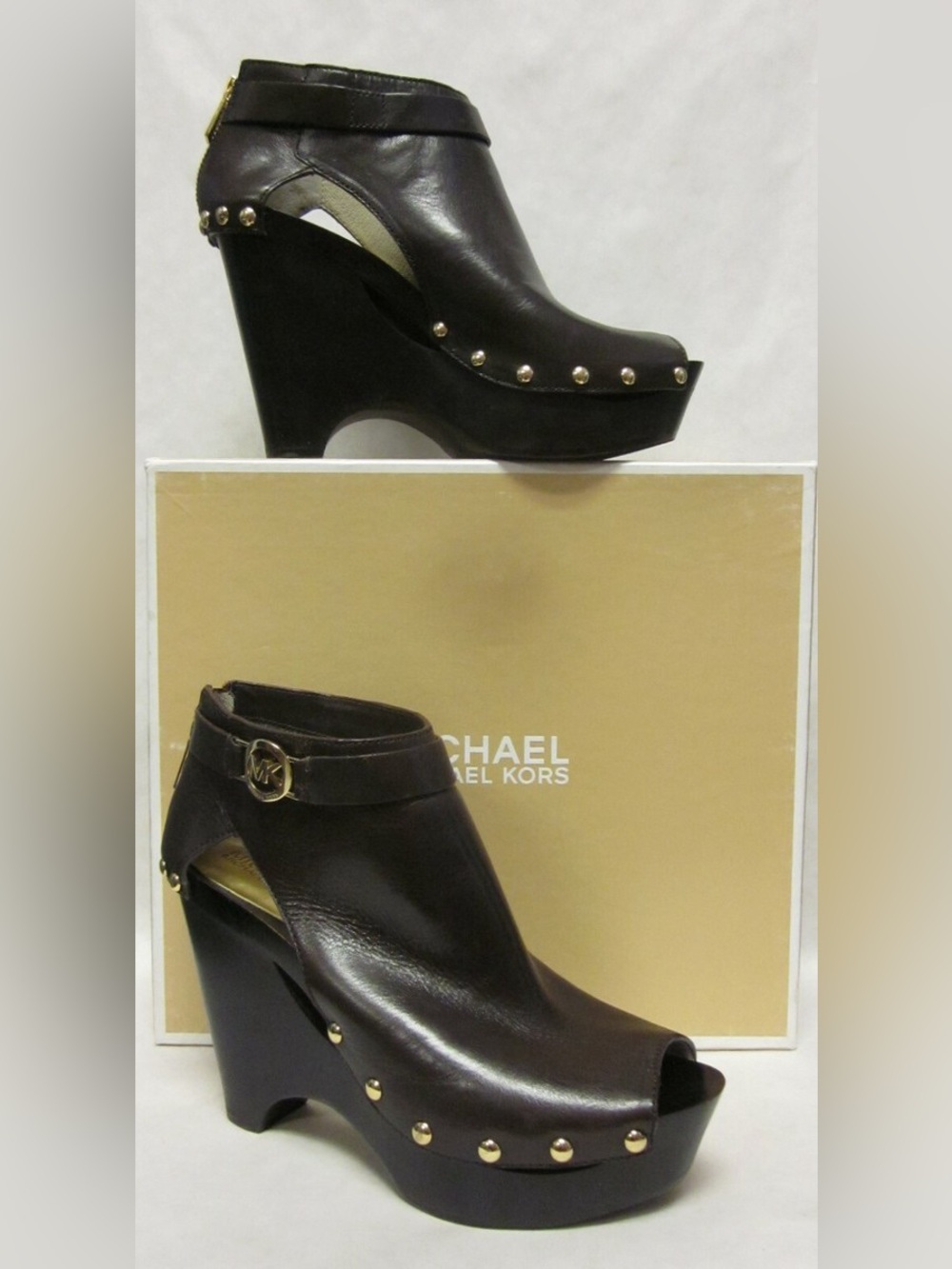 NIB Michael Kors Dark Chocolate Leather Studded Wedge Peep-Toe Ankle Bootie